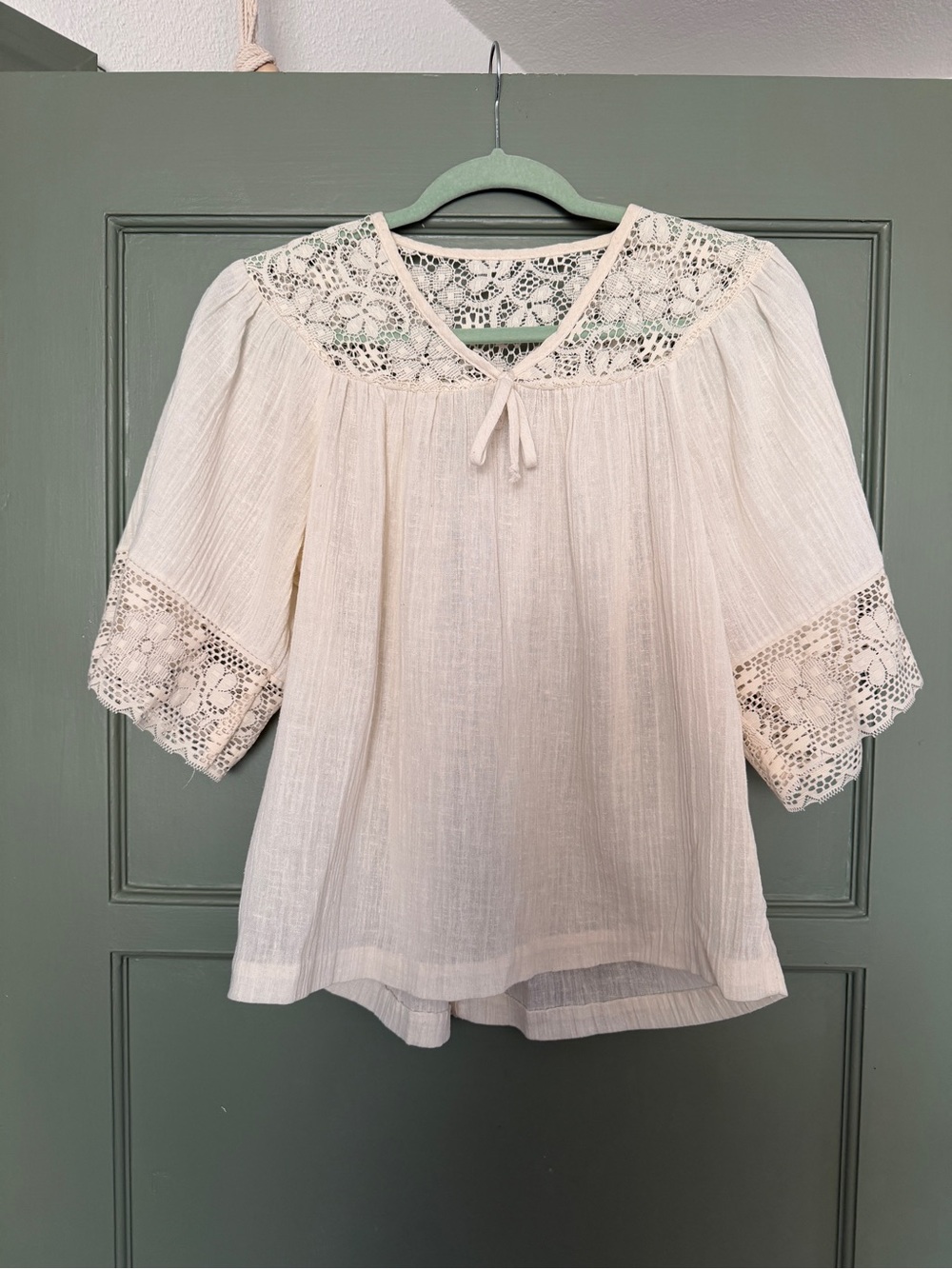 VINTAGE Teddi Cream Crochet Yoke Peasant Top